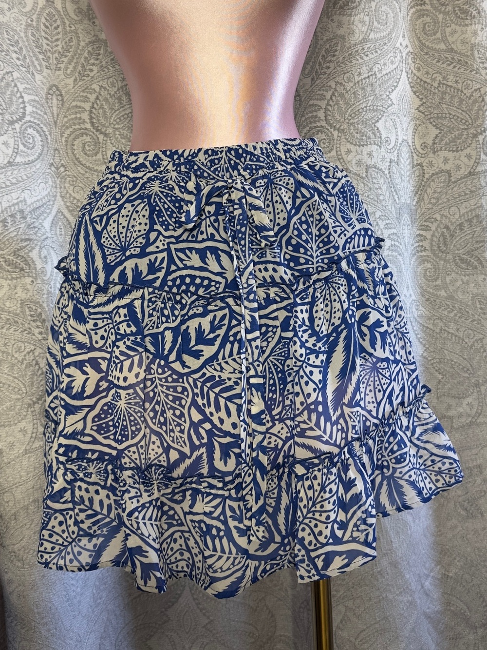 Sienna Sky Blue and White Leaf Print Tiered Mini Skirt